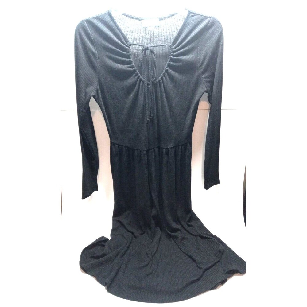 ModCloth Size Small Ribbed Knit Dress Black Drawstring Tie V Neck Long Sleeves